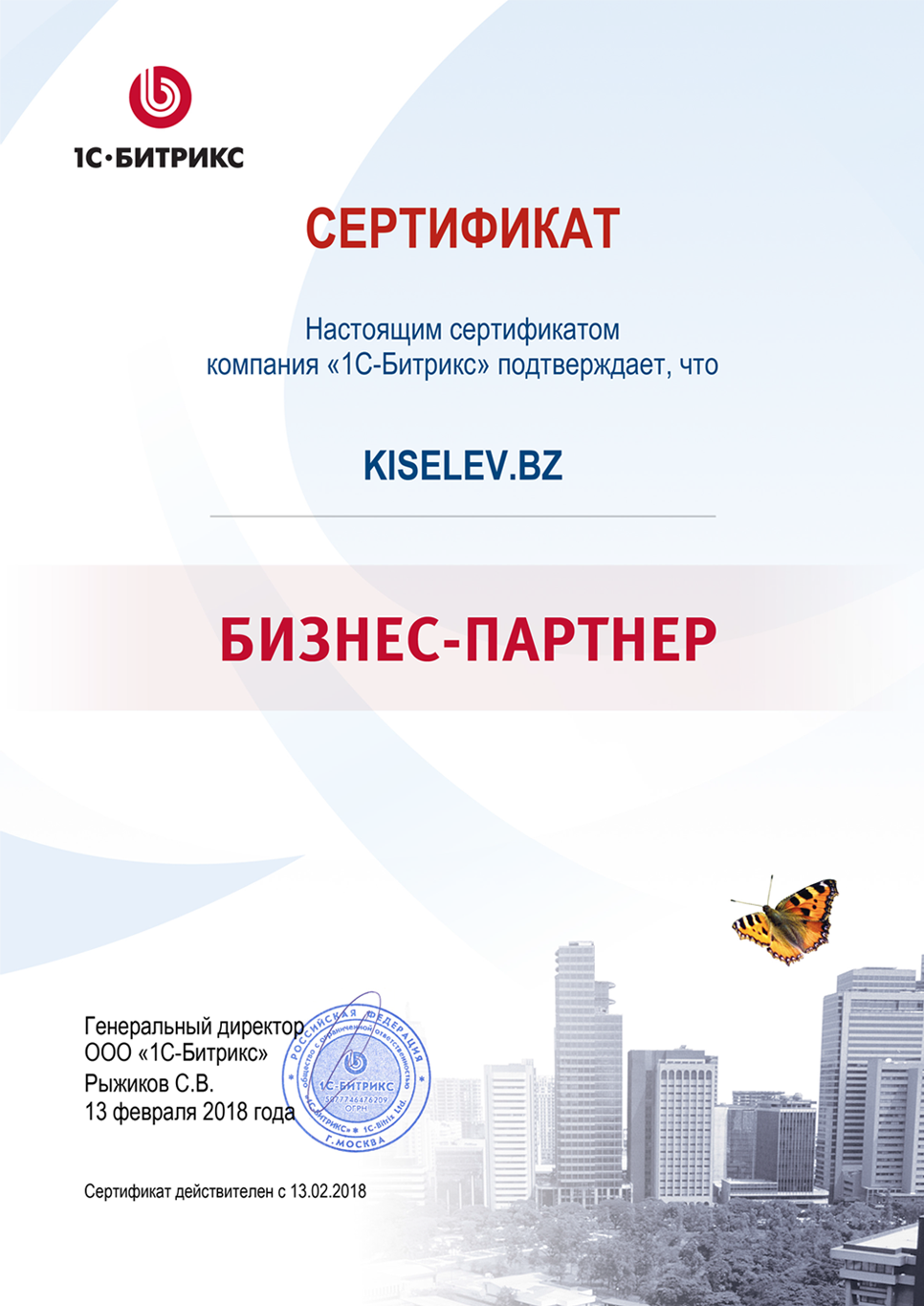 Сертификат партнёра по СРМ системам в Завитинске